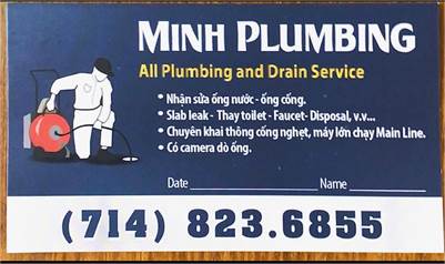 MINH: 714-823-6855 (LIC#980972) ªSửa/Thay mới hệ thống ống nước, cống. ªHot water tank, sink, Faucets,...
