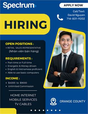 Tuyển nhân viên bán dịch vụ Home Internet. Trả commission unlimited. $3,000-$6,000/month